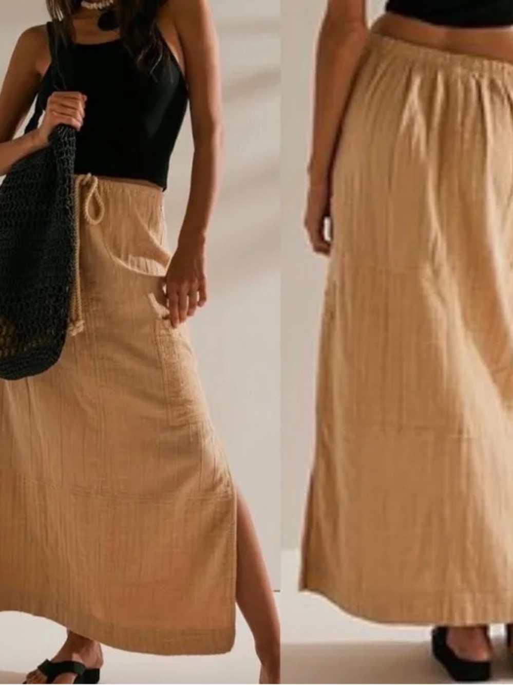 Free People Tan Drawstring Maxi Skirt